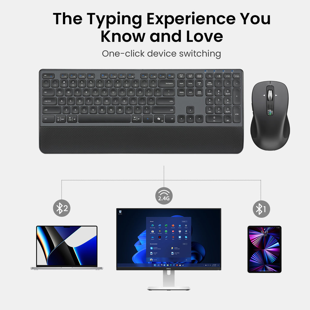 Wireless Keyboard and Mouse with Wrist Rest, Full Size Multi Device Keyboard and Mouse Combo, Bluetooth Keyboard and Mouse Combo for Laptop PC Mac, Work Keyboard and Mouse