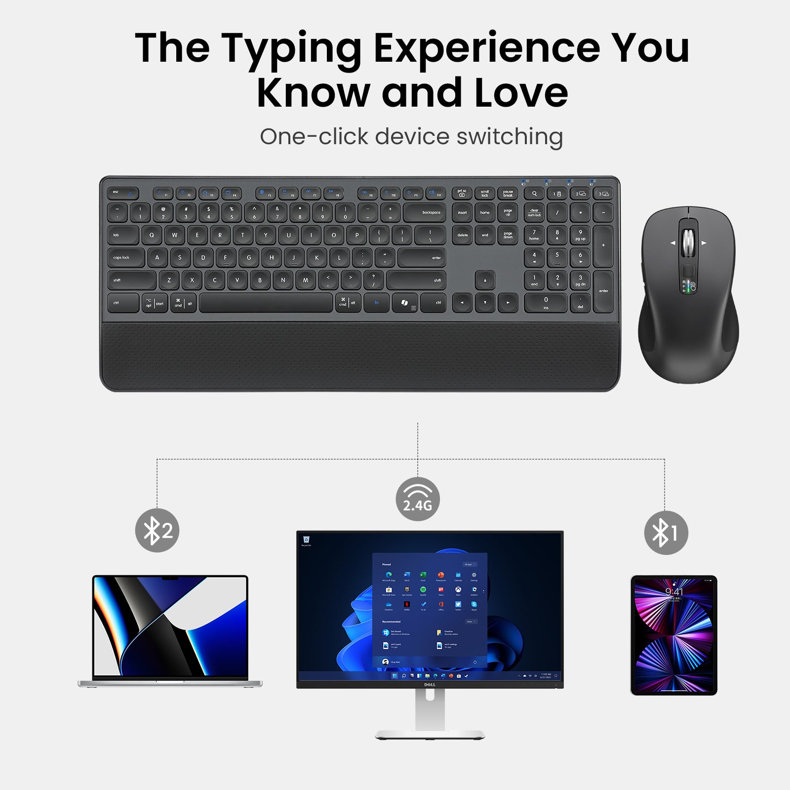 Wireless Keyboard and Mouse with Wrist Rest, Full Size Multi Device Keyboard and Mouse Combo, Bluetooth Keyboard and Mouse Combo for Laptop PC Mac, Work Keyboard and Mouse