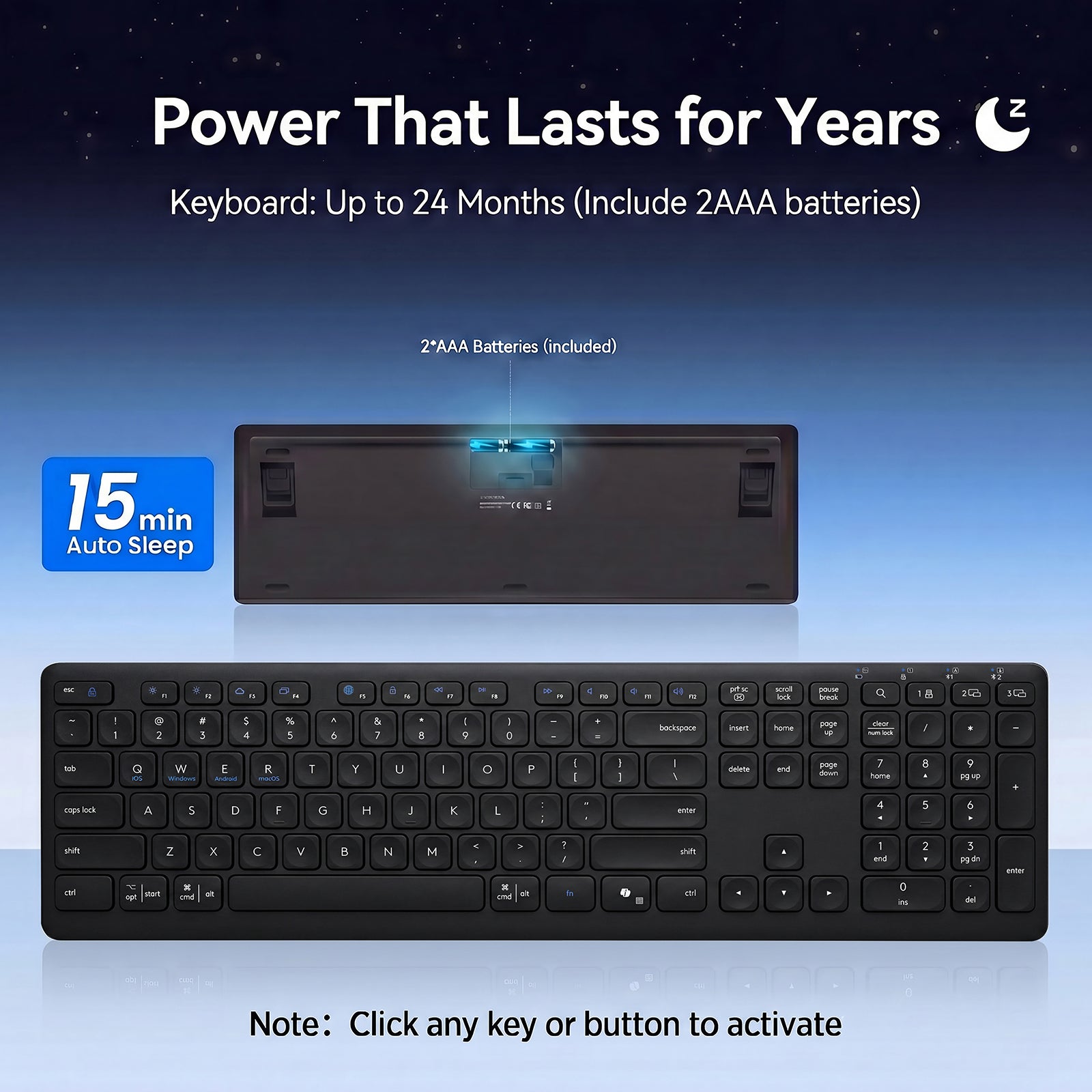 CITLLA Wireless Bluetooth Keyboard, Full Size Wireless Keyboard with Number Pad, Multi-Device Keyboard Wireless for Laptop, PC, Mac, iPad, Silent Scissor-Switch Cordless Keyboard with USB & Bluetooth