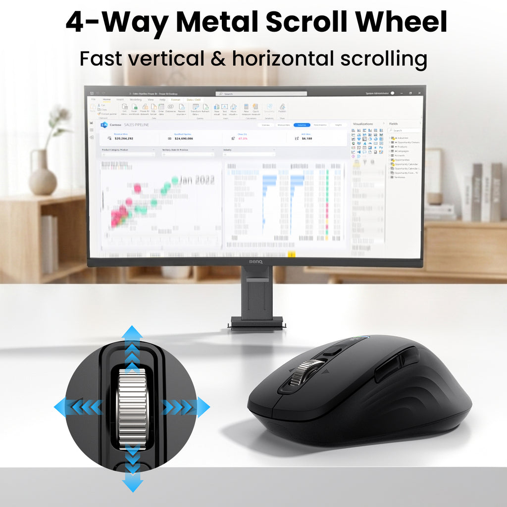 Wireless Bluetooth Mouse, Multi-Device Ergonomic Mouse with 5 Programmable Buttons, 4-Way Metal Scroll Wheel,4800 DPI Adjustable, 18-Month Battery Life, Silent Click, for Laptop, PC, Mac - Black