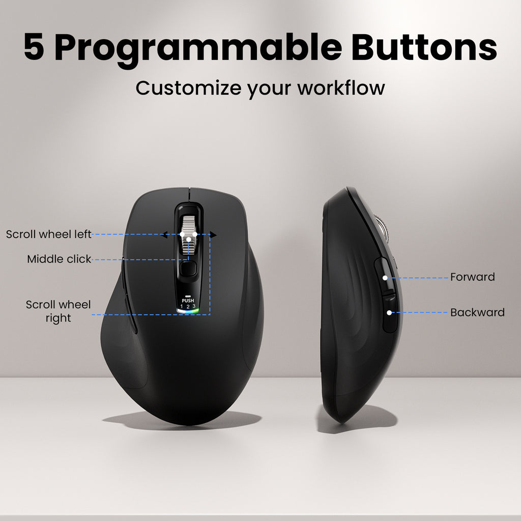 Wireless Bluetooth Mouse, Multi-Device Ergonomic Mouse with 5 Programmable Buttons, 4-Way Metal Scroll Wheel,4800 DPI Adjustable, 18-Month Battery Life, Silent Click, for Laptop, PC, Mac - Black