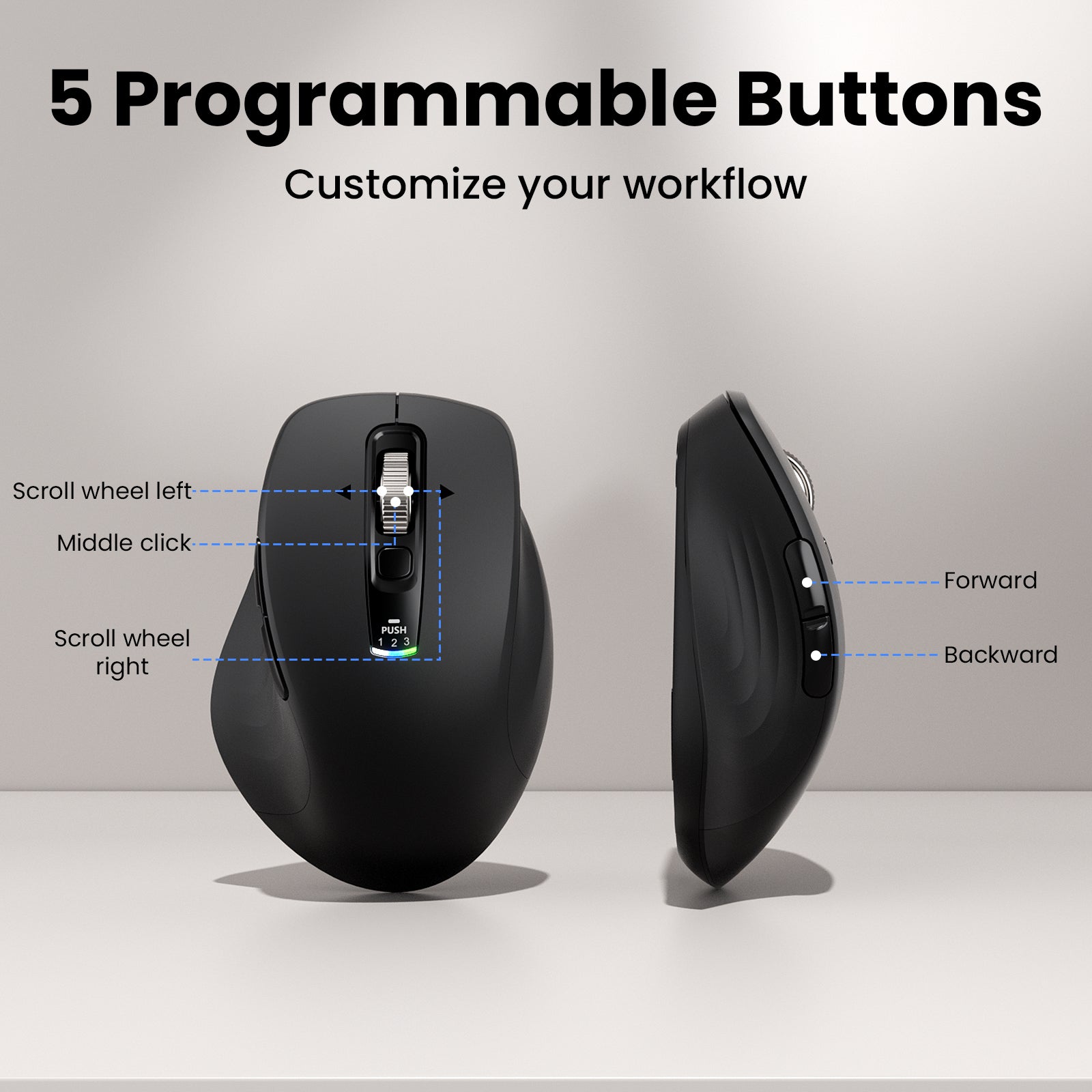 Wireless Bluetooth Mouse, Multi-Device Ergonomic Mouse with 5 Programmable Buttons, 4-Way Metal Scroll Wheel,4800 DPI Adjustable, 18-Month Battery Life, Silent Click, for Laptop, PC, Mac - Black