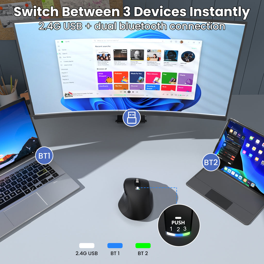 Wireless Bluetooth Mouse, Multi-Device Ergonomic Mouse with 5 Programmable Buttons, 4-Way Metal Scroll Wheel,4800 DPI Adjustable, 18-Month Battery Life, Silent Click, for Laptop, PC, Mac - Black